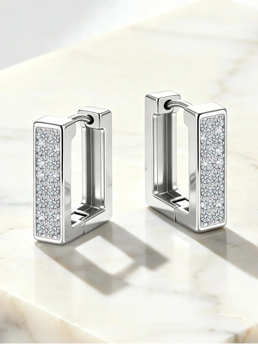 Silver Rectangle Huggie Earrings - Sparkling Silver